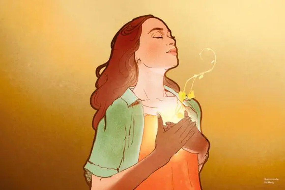 An illustration of a woman closing her eyes in a moment of gratitude.